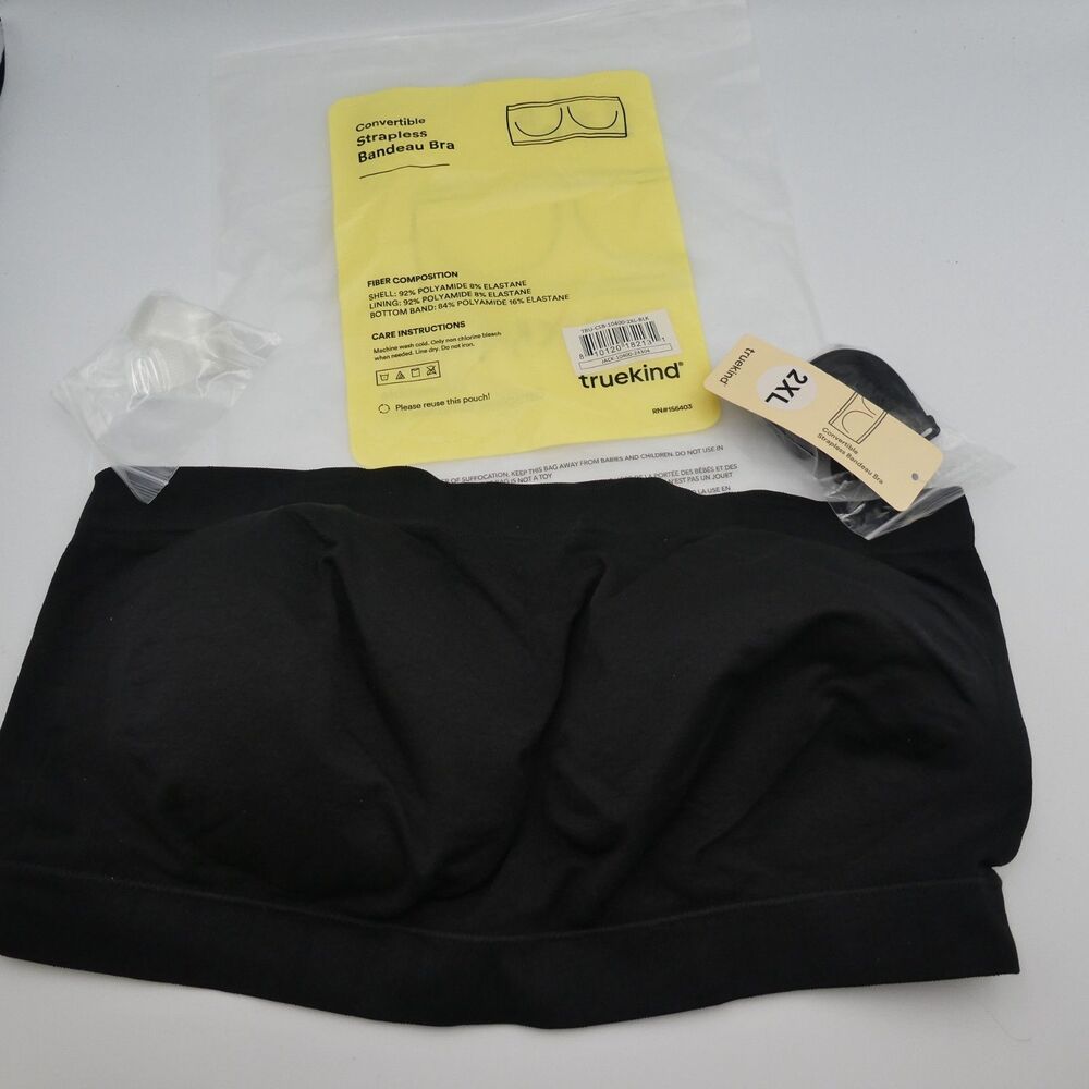 Truekind Convertible Strapless Bandeau Bra Black 2XL NWT Removable Straps